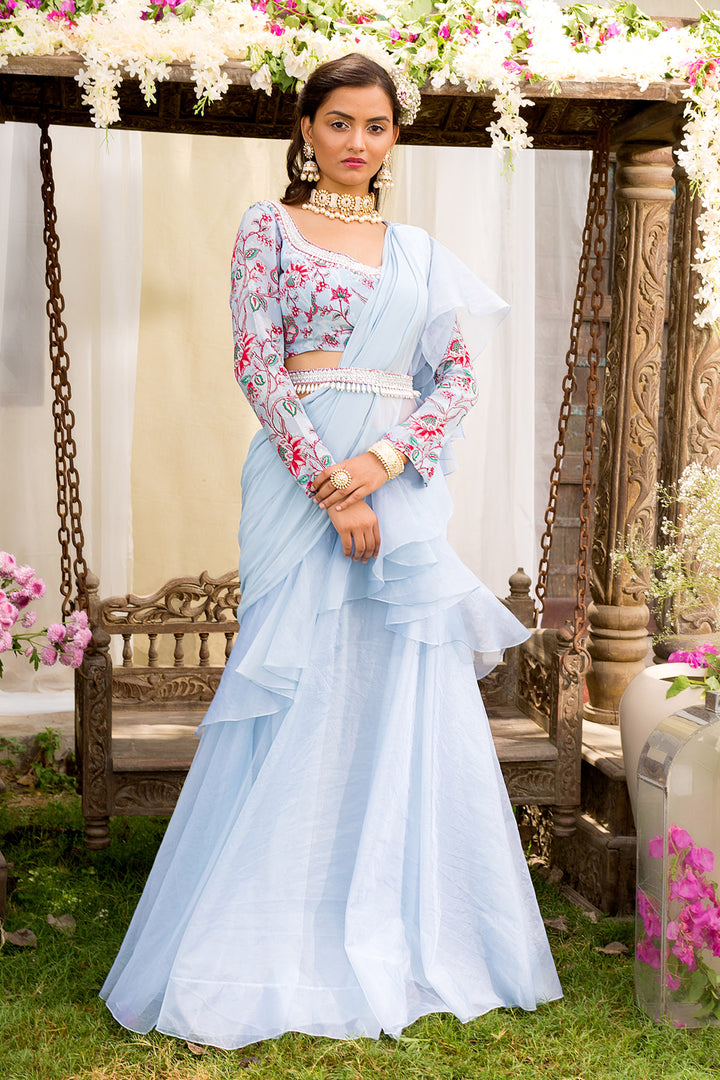 Powder Blue Lehenga Saree