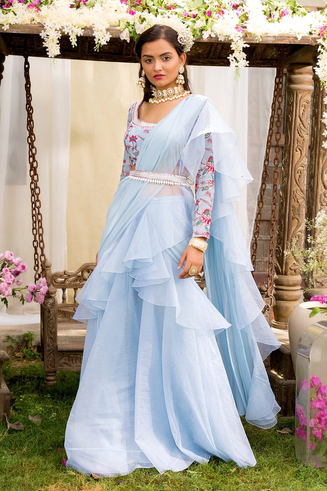 Powder Blue Lehenga Saree