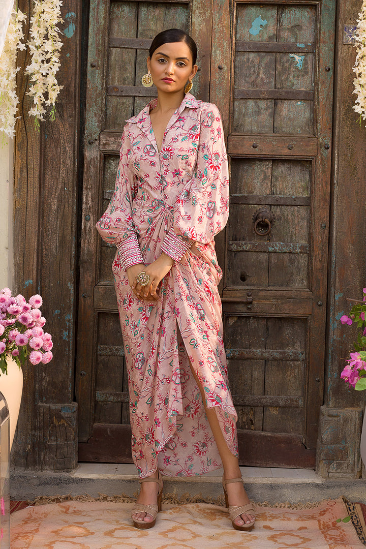 Light Pink Printed Draped Dress