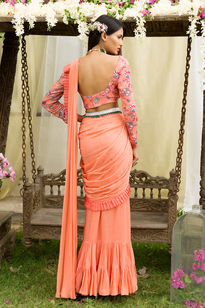 Coral Pre-draped Saree Set