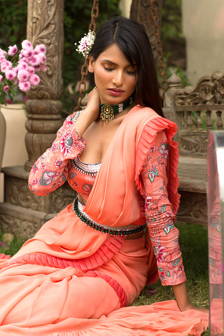 Coral Pre-draped Saree Set