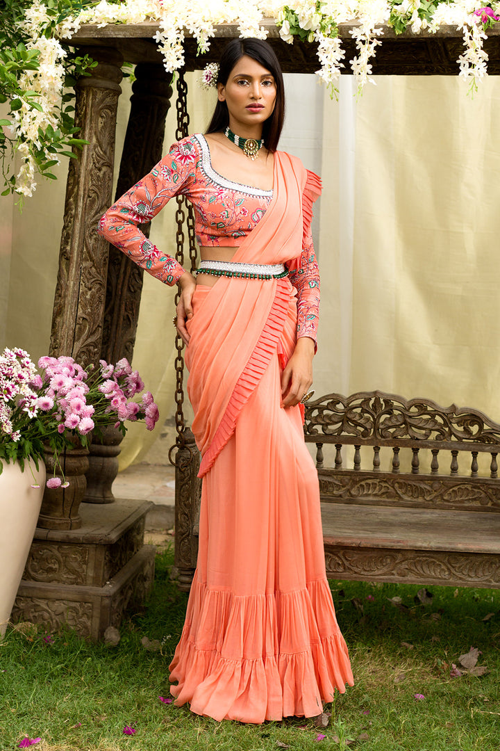 Coral Pre-draped Saree Set