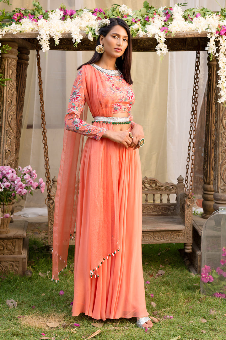 Coral Printed Blouse and Palazzo Set