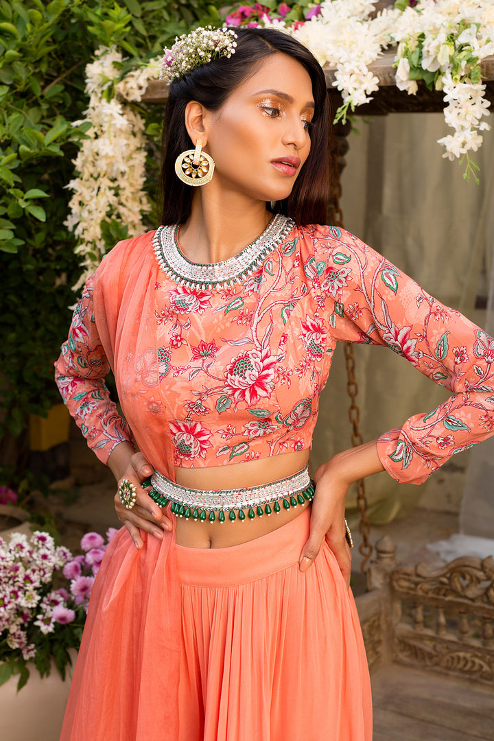 Coral Printed Blouse and Palazzo Set