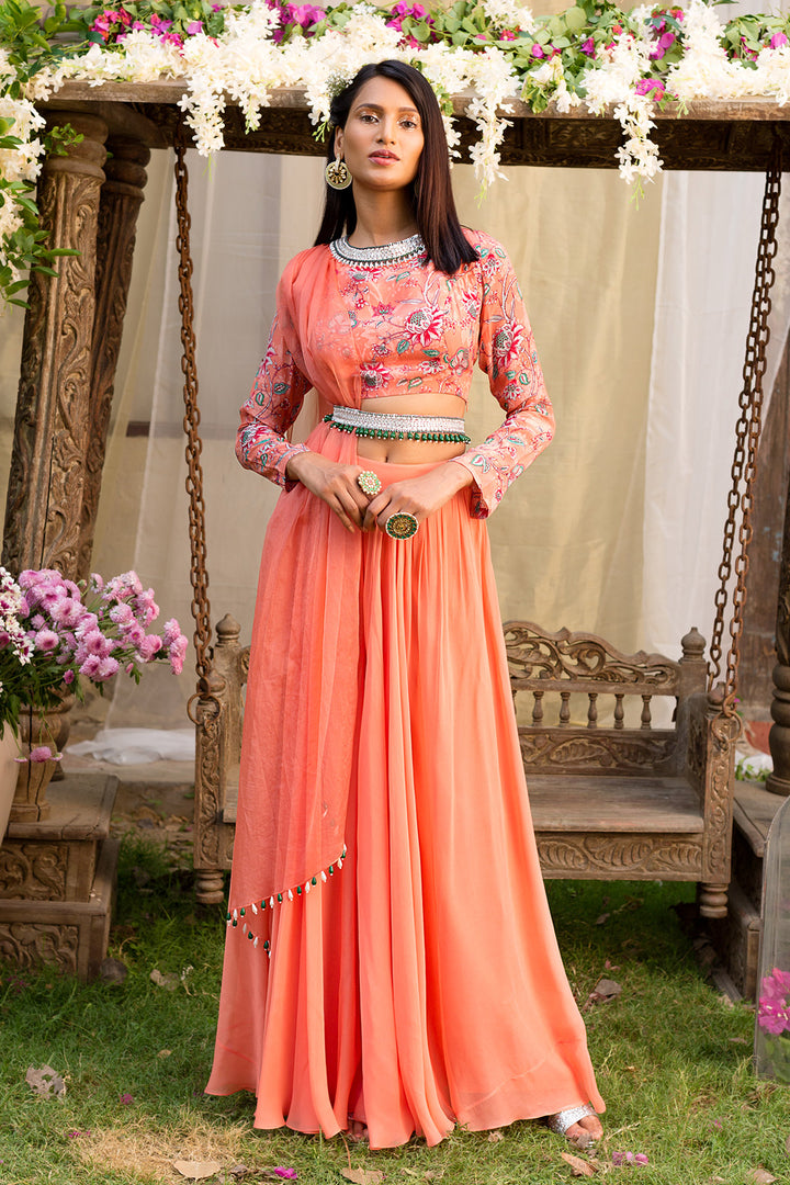 Coral Printed Blouse and Palazzo Set