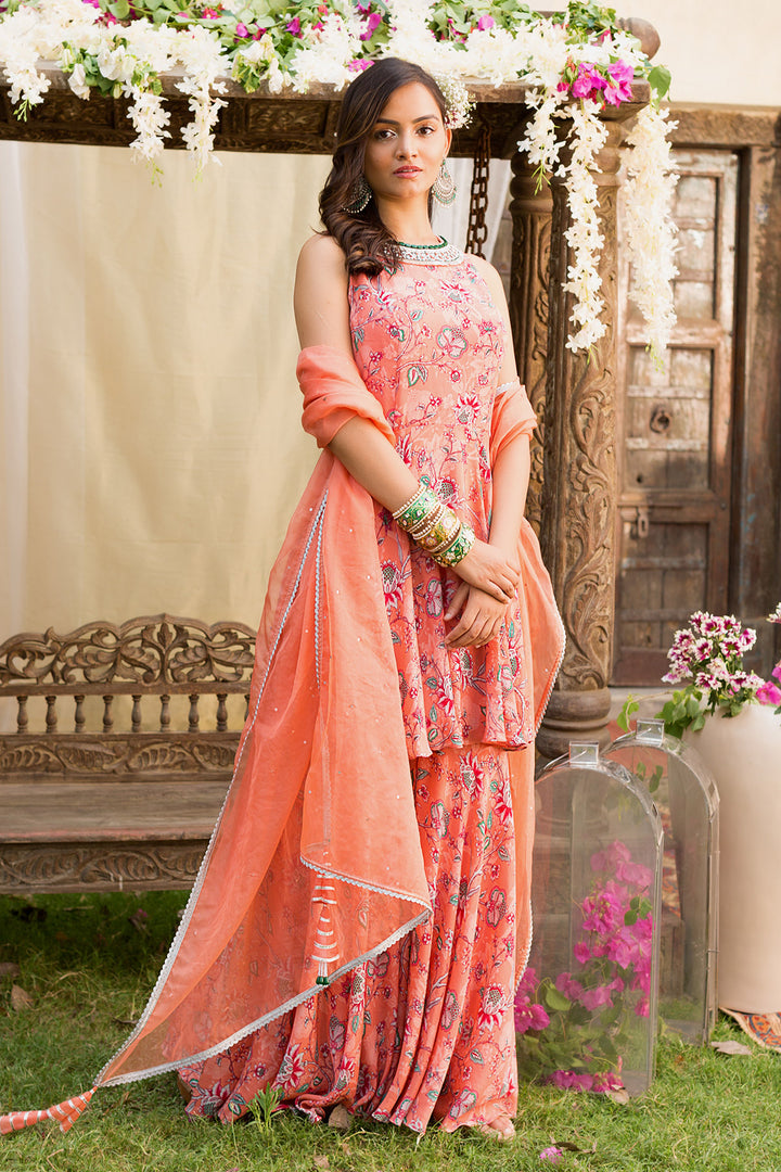 Coral Printed Sharara Set