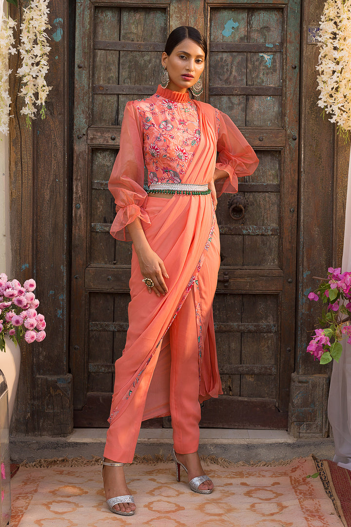 Coral Printed Pant Saree Set