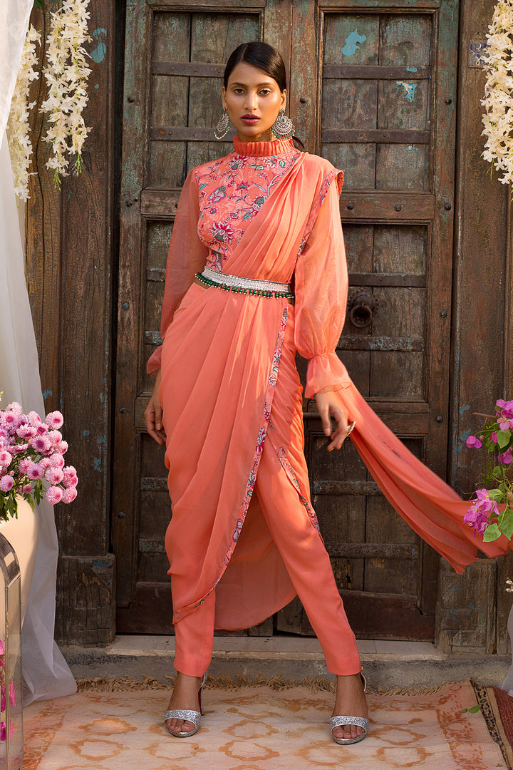 Coral Printed Pant Saree Set