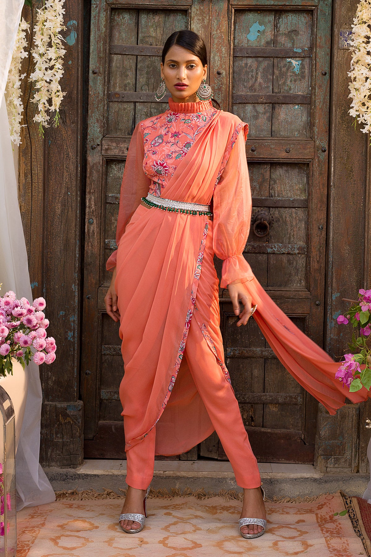 Coral embroidered kurta with sharara pants  Set of two by The Weave Story   The Secret Label