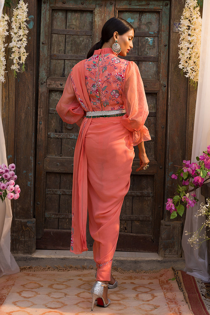 Coral Printed Pant Saree Set