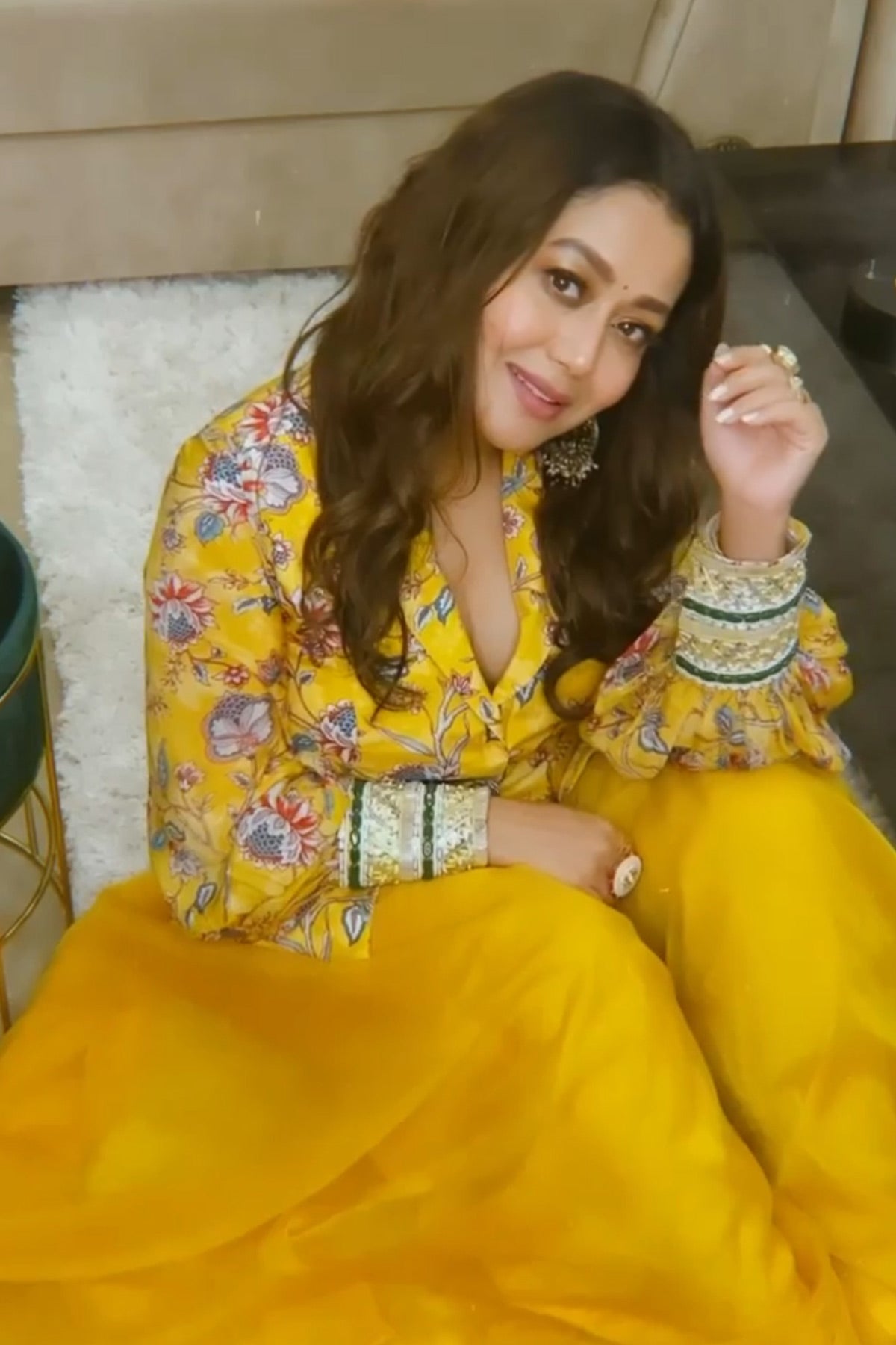 Singer Neha Kakkar In Yellow Printed Jacket With Palazzo And Belt