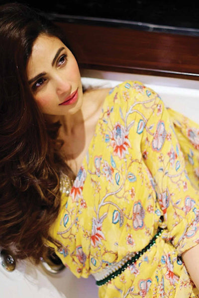 Actress Daisy Shah In Yellow Printed Frill Saree Set