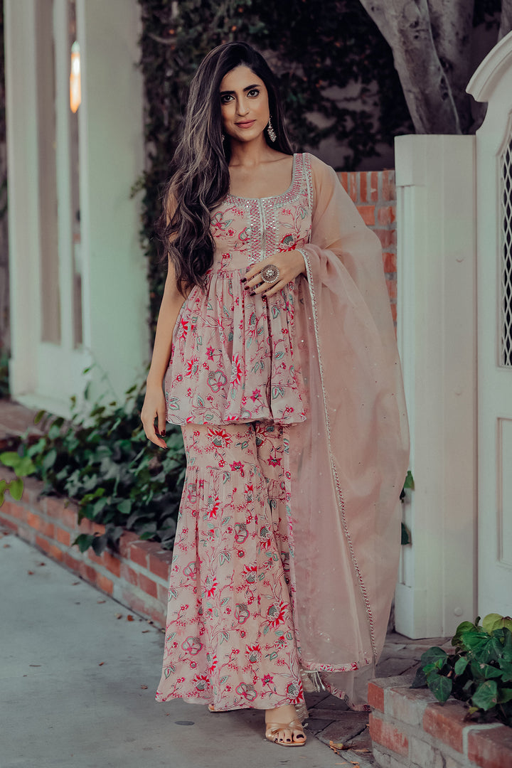 Shivani Raina In Nude Pink Printed Kurta And Sharara With Dupatta