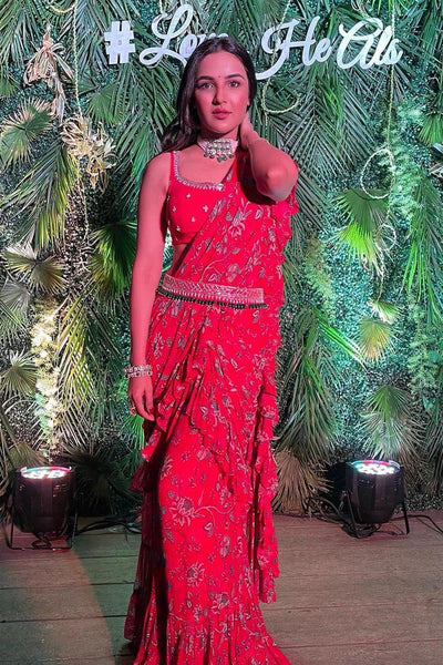 Actress Jasmine Bhasin In Our Red Printed Saree