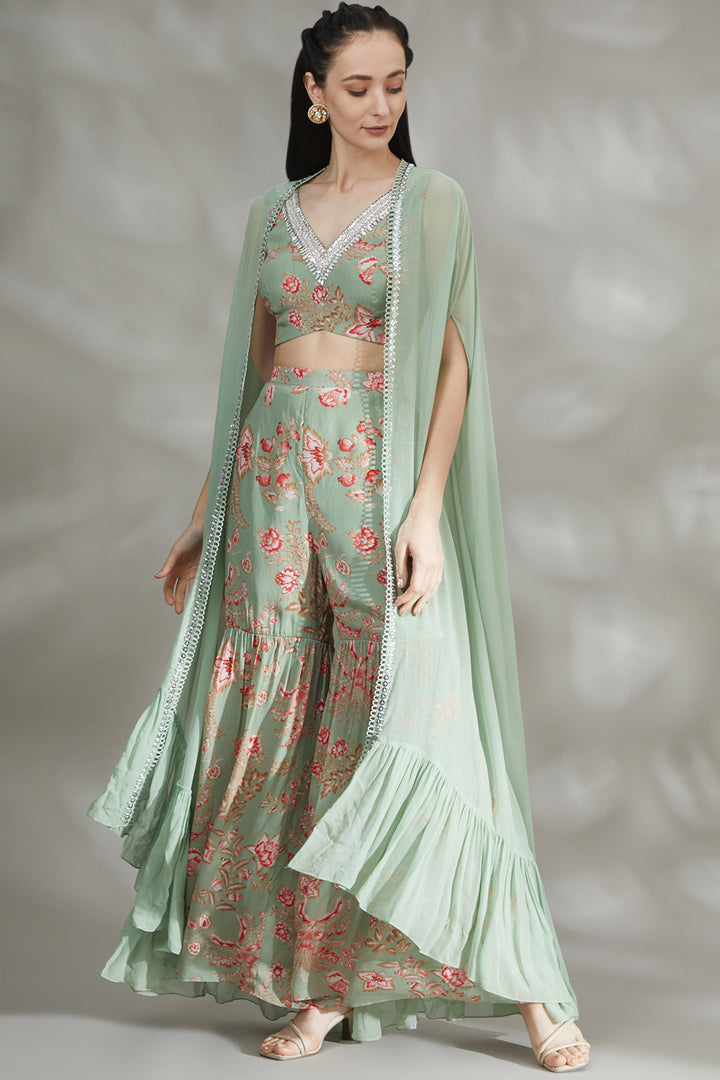 Sage Green Printed Sharara Set