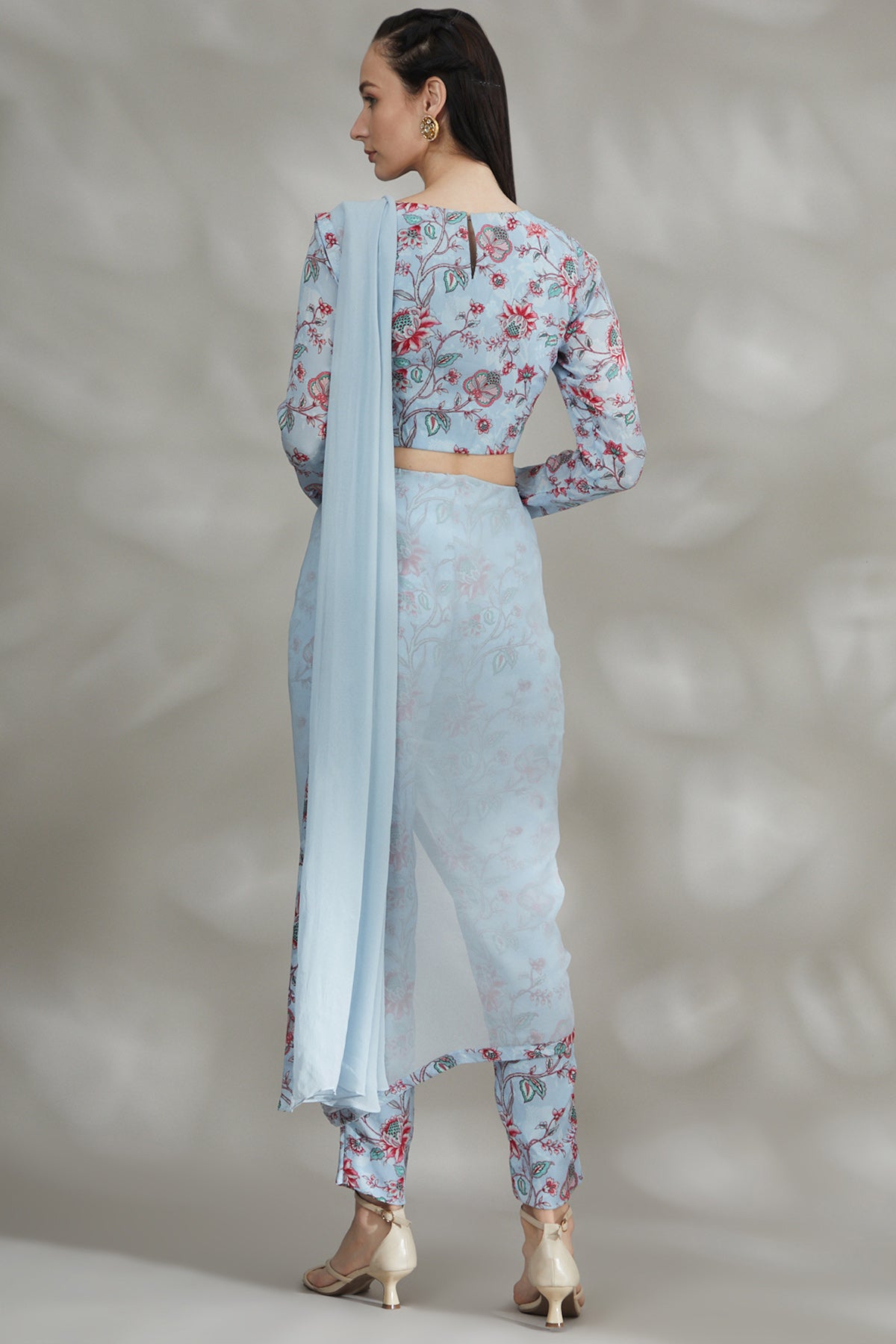 Powder Blue Printed Pant Saree Set