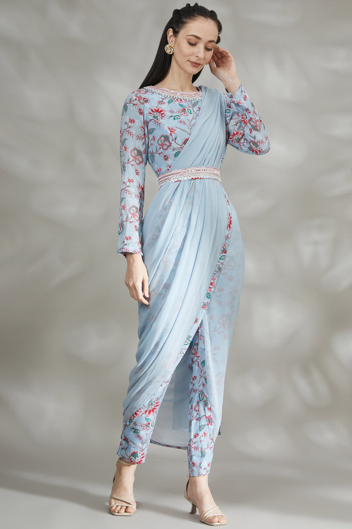 Powder Blue Printed Pant Saree Set