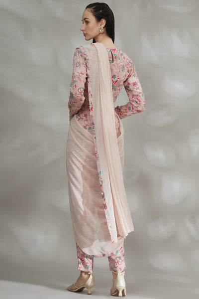 Nude Pink Printed Pant Saree Set