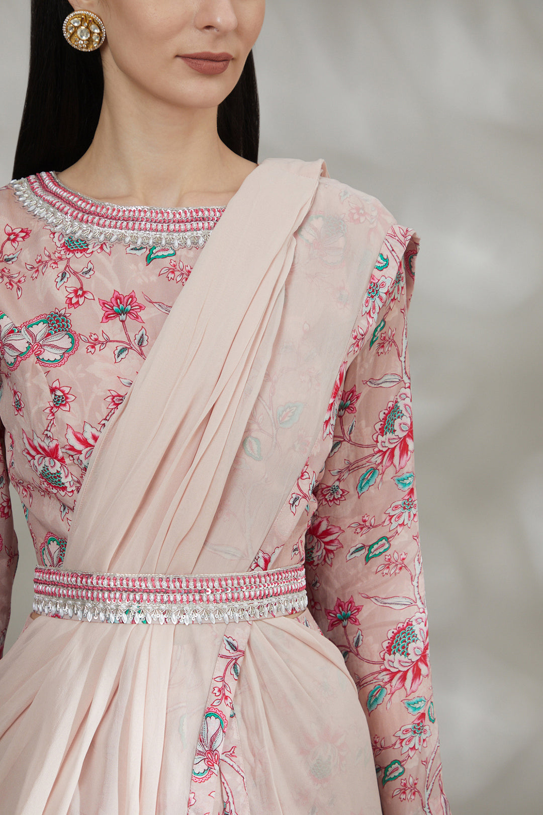 Nude Pink Printed Pant Saree Set