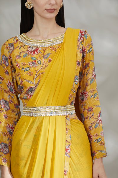 Yellow Printed Pant Saree Set