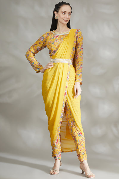 Yellow Printed Pant Saree Set