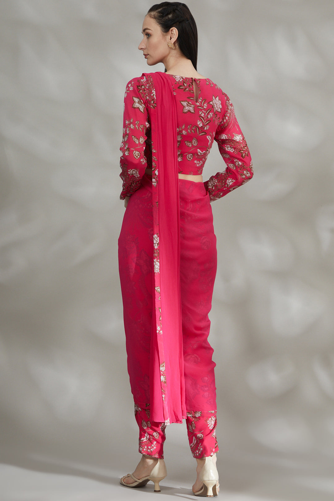 Pink Printed Pant Saree Set