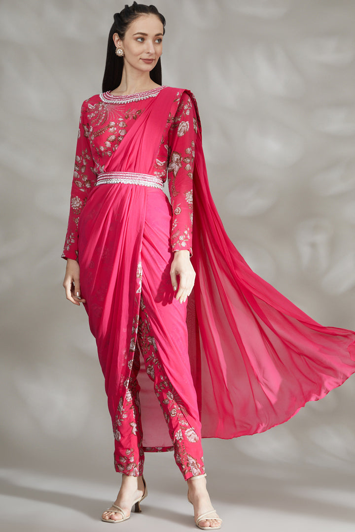 Pink Printed Pant Saree Set