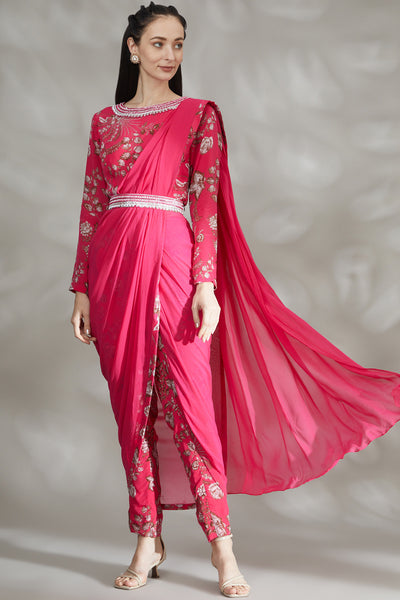 Pink Printed Pant Saree Set