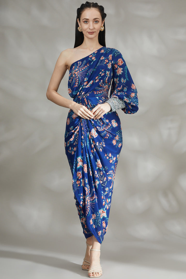 Royal Blue Printed Draped Dress