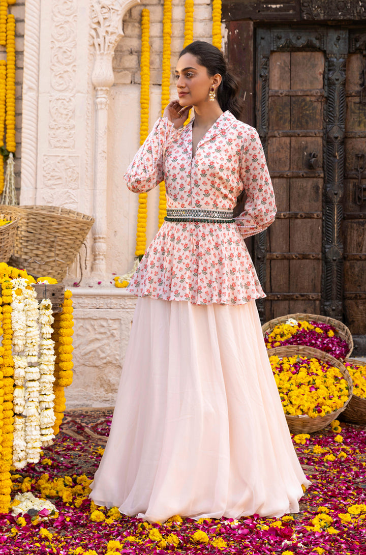 Light Peach Peplum Jacket with Skirt and Belt