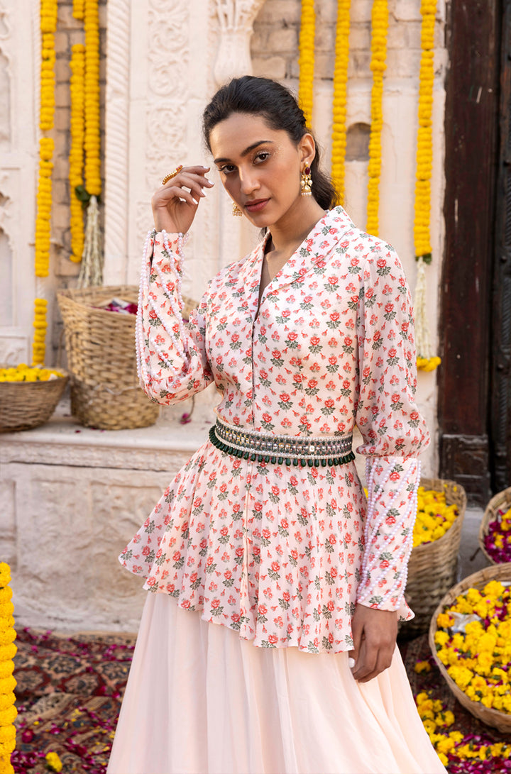 Light Peach Peplum Jacket with Skirt and Belt