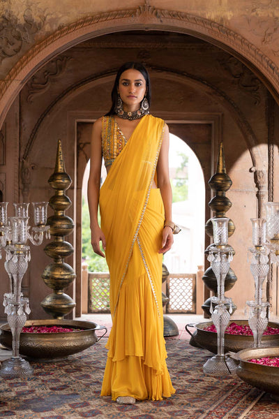 Yellow Pre-Draped Saree With Blouse