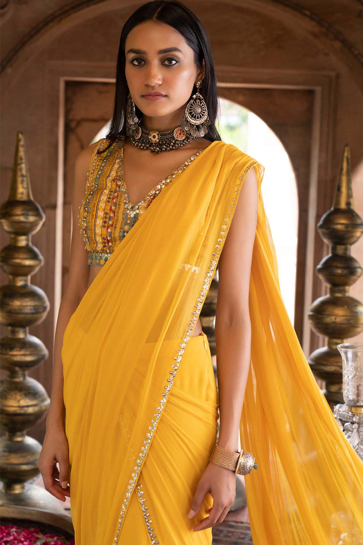 Yellow Pre-Draped Saree With Blouse