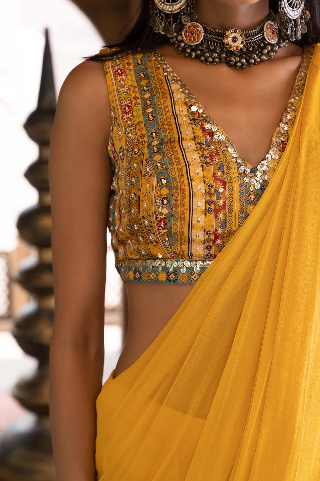 Yellow Pre-Draped Saree With Blouse