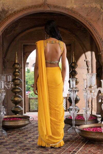 Yellow Pre-Draped Saree With Blouse