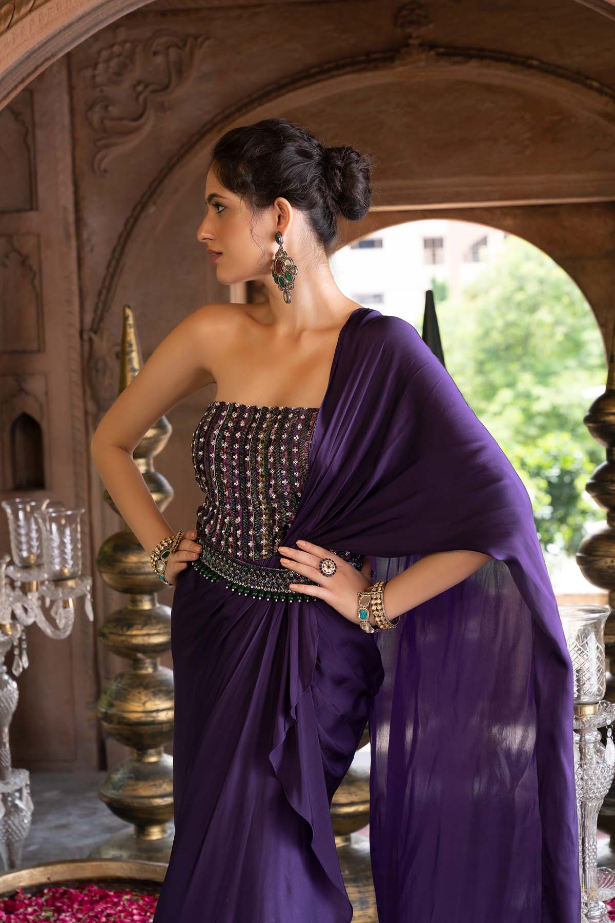 Purple Saree Gown With Belt