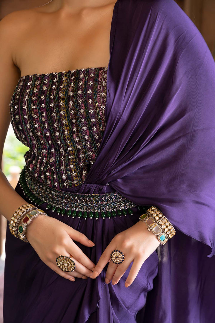 Purple Saree Gown With Belt