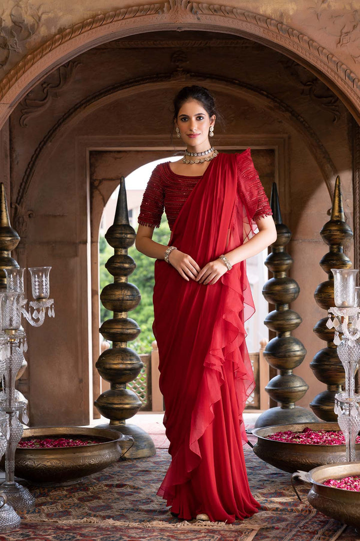 Maroon Pre- Draped Frill Saree With Blouse