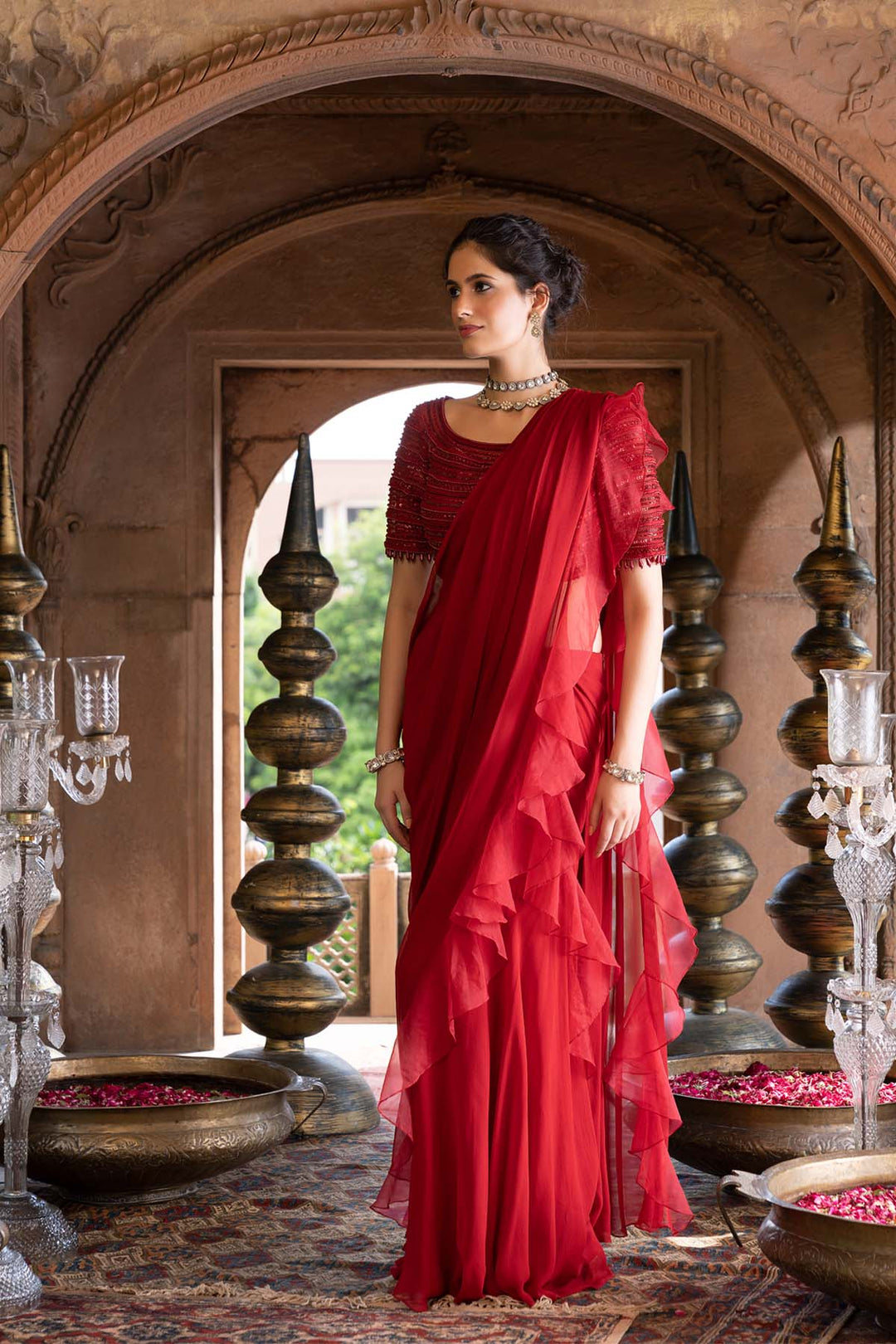 Maroon Pre- Draped Frill Saree With Blouse