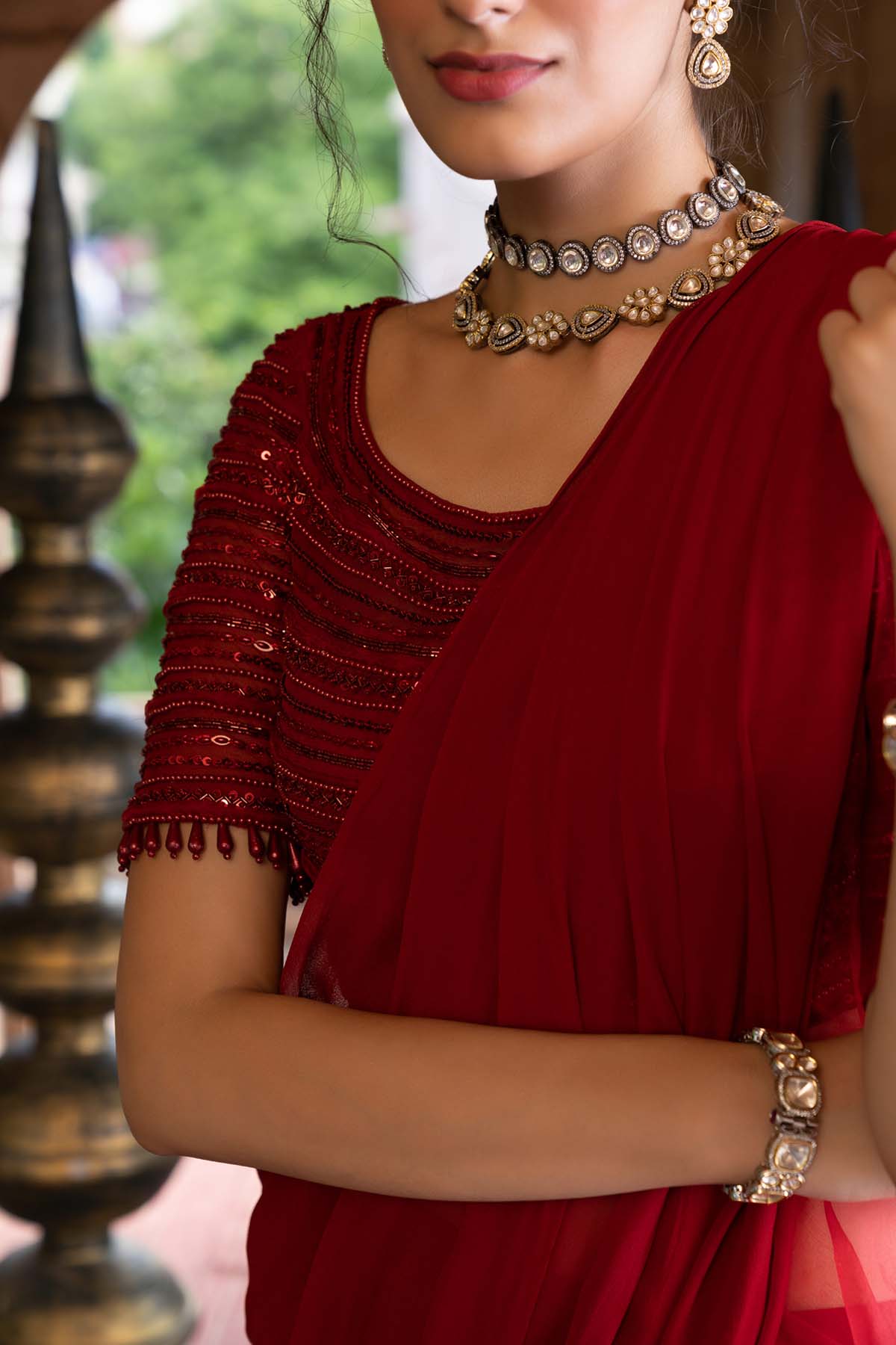 Maroon Pre- Draped Frill Saree With Blouse