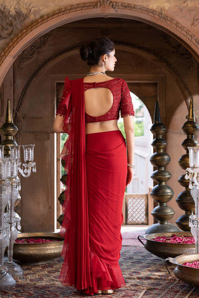 Maroon Pre- Draped Frill Saree With Blouse