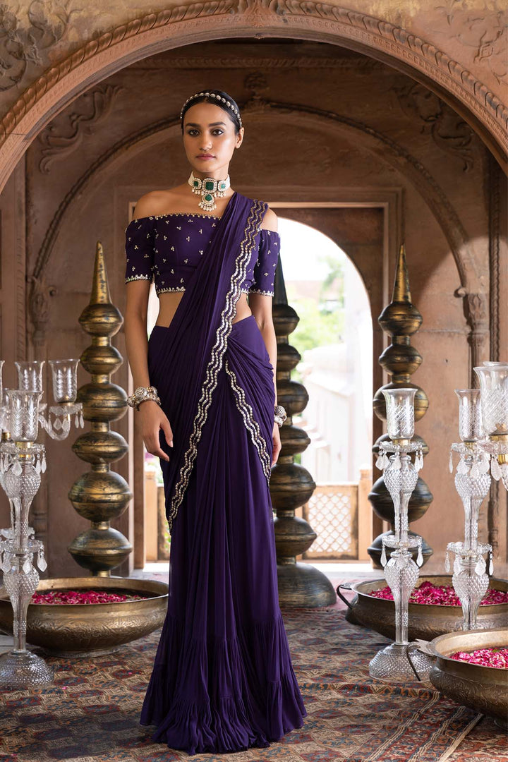 Purple Pre-Draped Saree With Off Shoulder Blouse