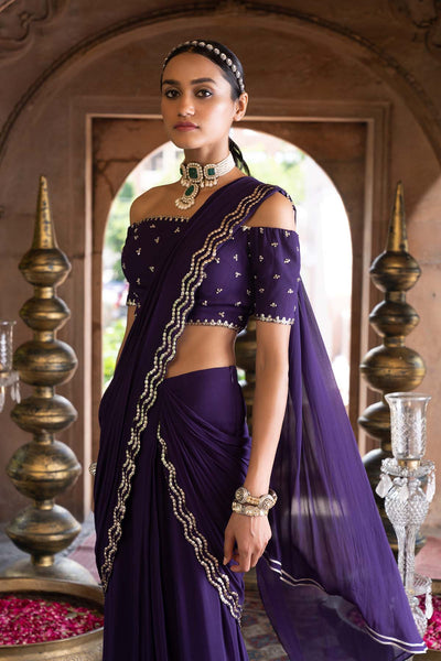 Purple Pre-Draped Saree With Off Shoulder Blouse