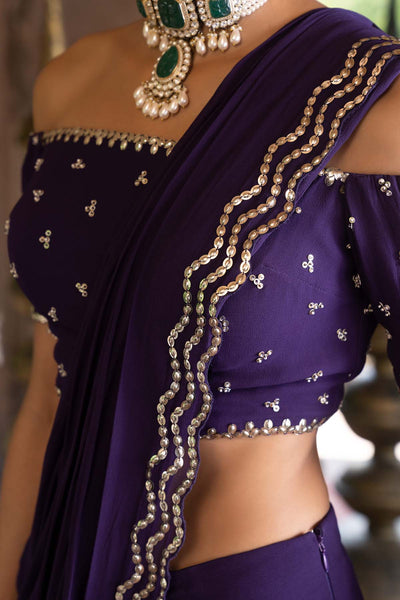 Purple Pre-Draped Saree With Off Shoulder Blouse