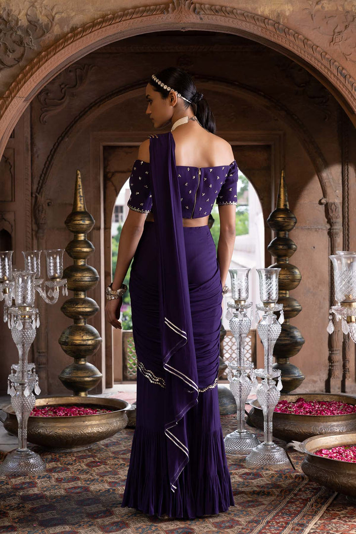 Purple Pre-Draped Saree With Off Shoulder Blouse