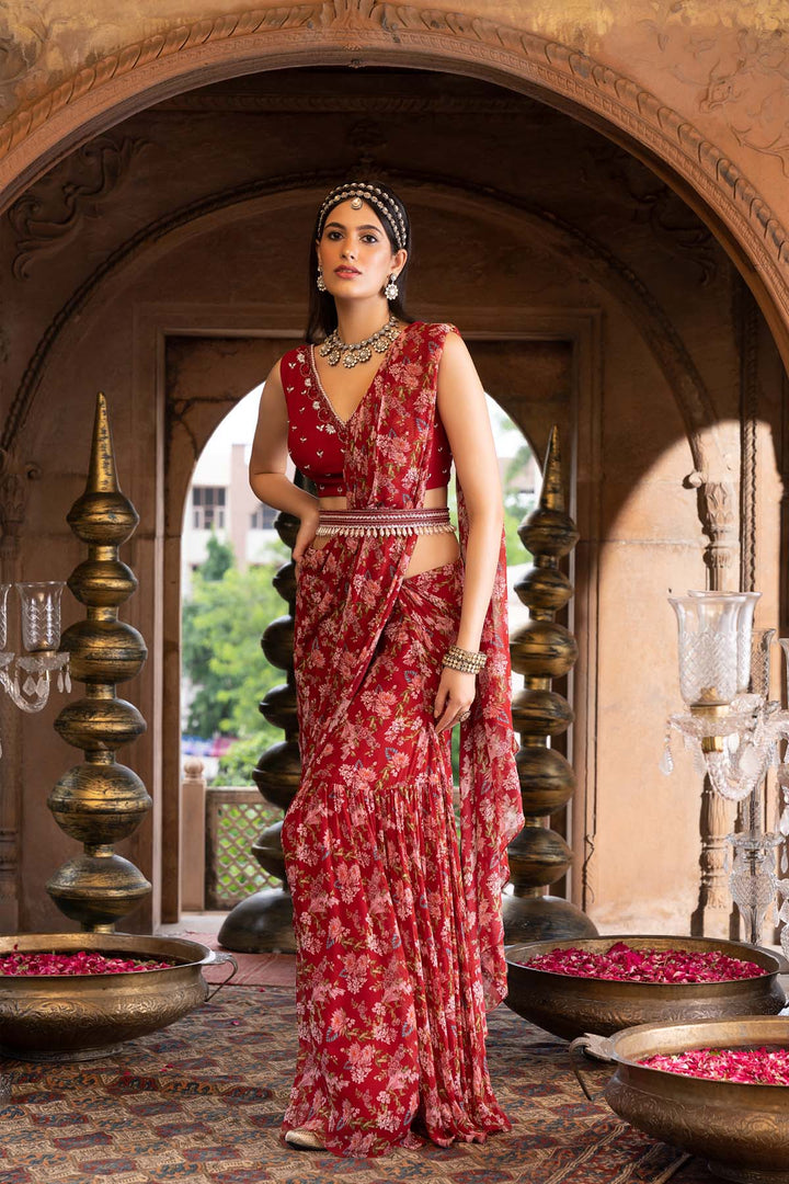 Maroon Printed Saree With Blouse And Belt