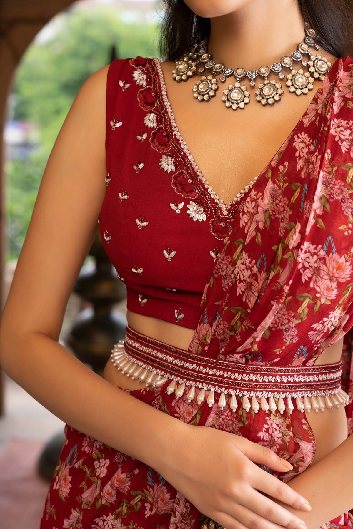 Maroon Printed Saree With Blouse And Belt