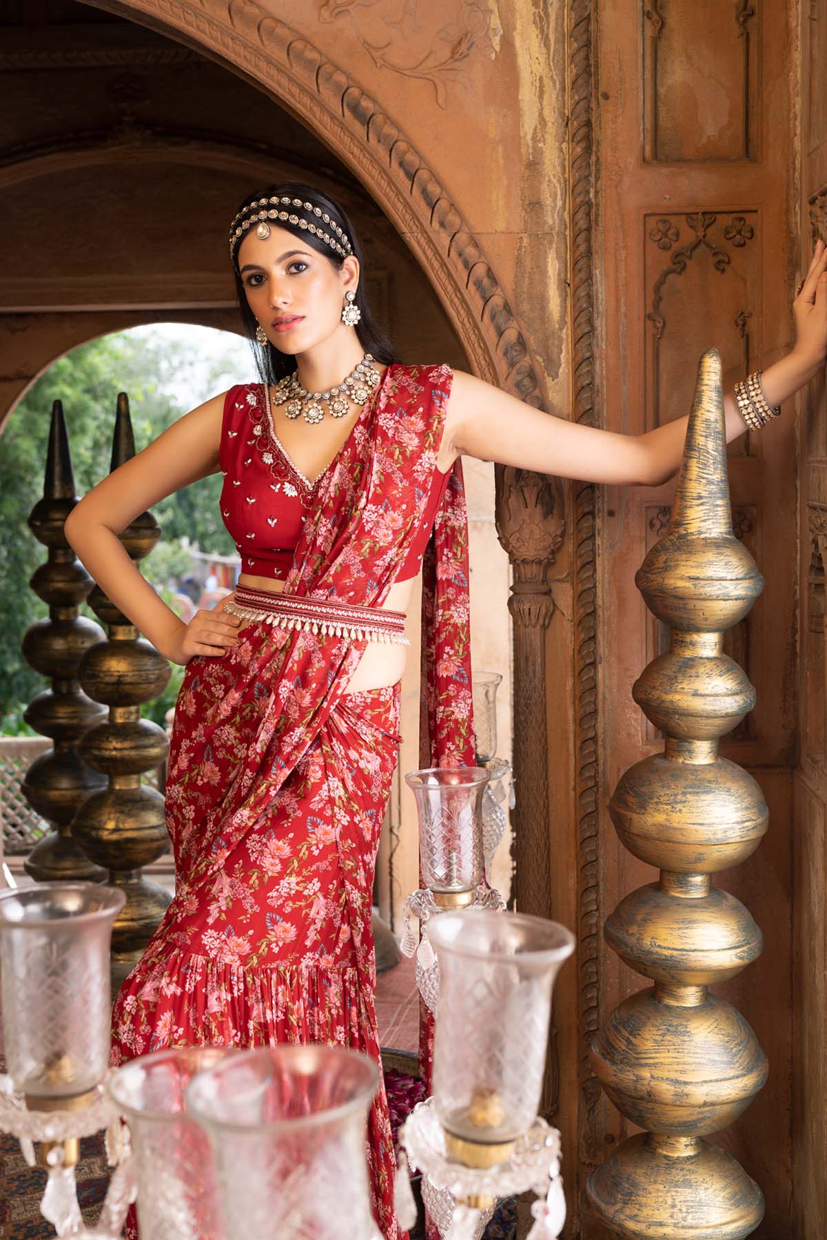 Maroon Printed Saree With Blouse And Belt