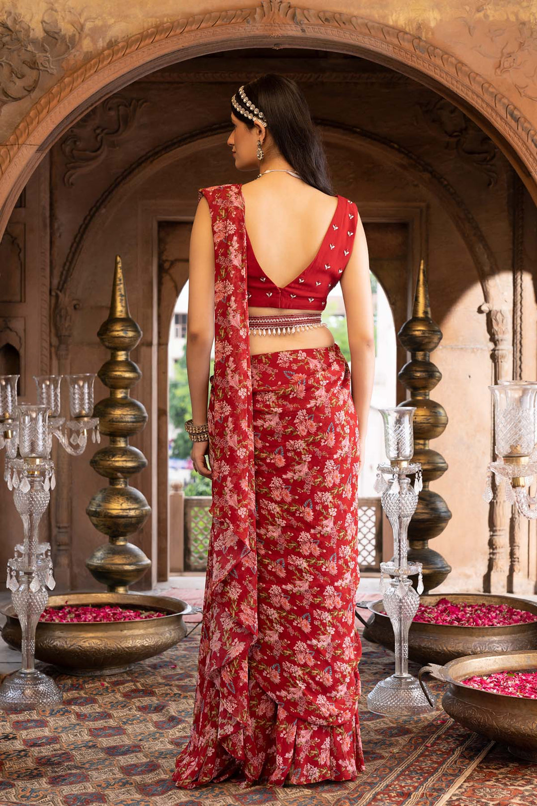 Maroon Printed Saree With Blouse And Belt