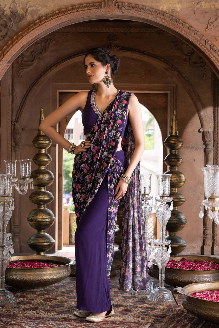 Purple Printed Pant Saree With Blouse